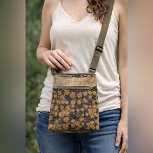 Maruca Handmade Crossbody Bag Mustard Yellow Gray Abstract Print Made in USA